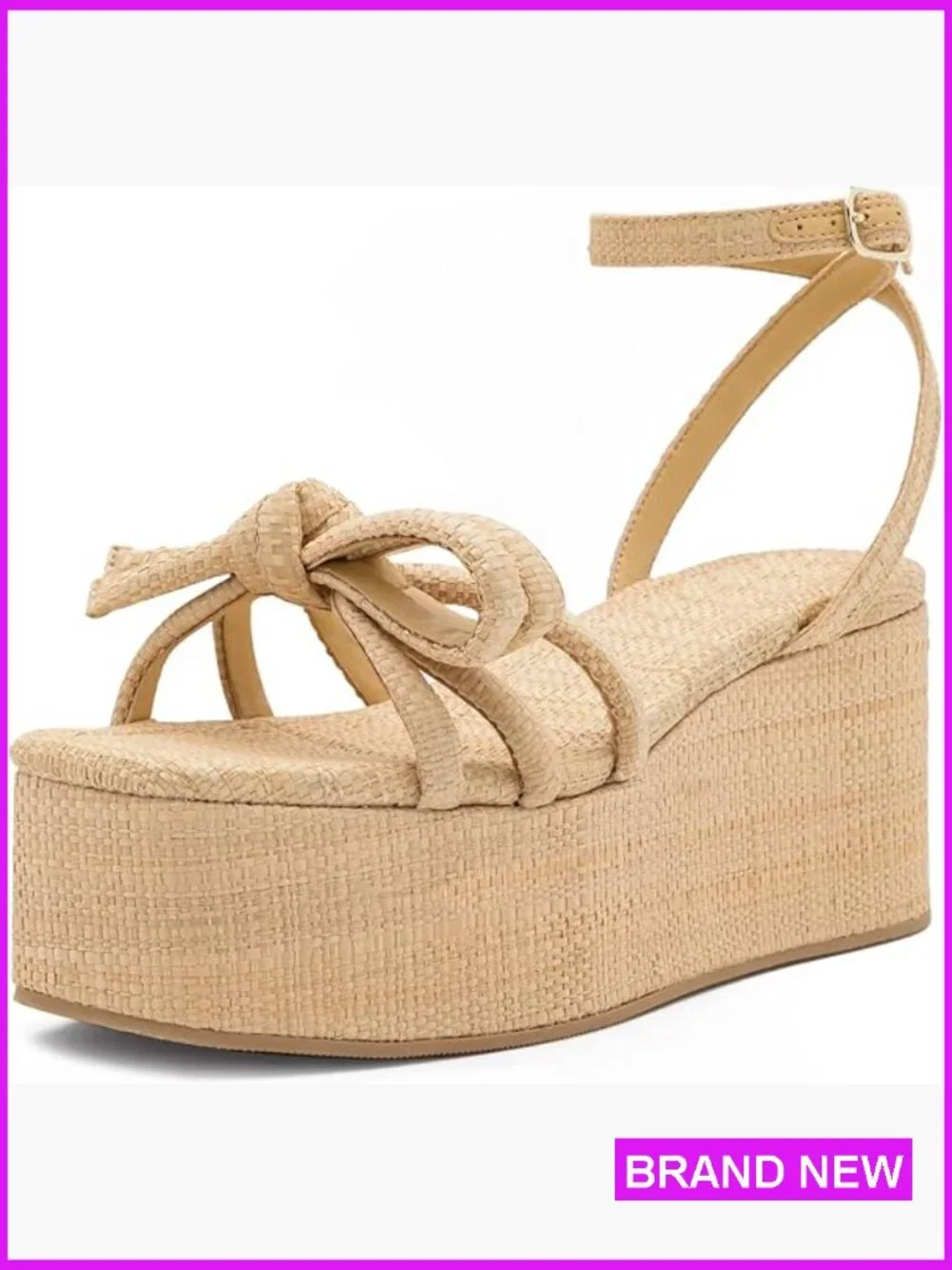 Raffia Platform Wedge Sandals Bow Ankle Strappy Espadrilles Square Open Toe